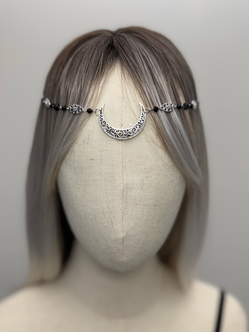 Silver Color Crescent Moon Headpiece Women Boho Head Chain Black Beaded Gothic